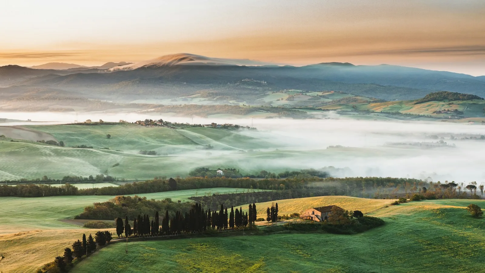 Collines de Toscane parsemées de cyprès au lever du soleil